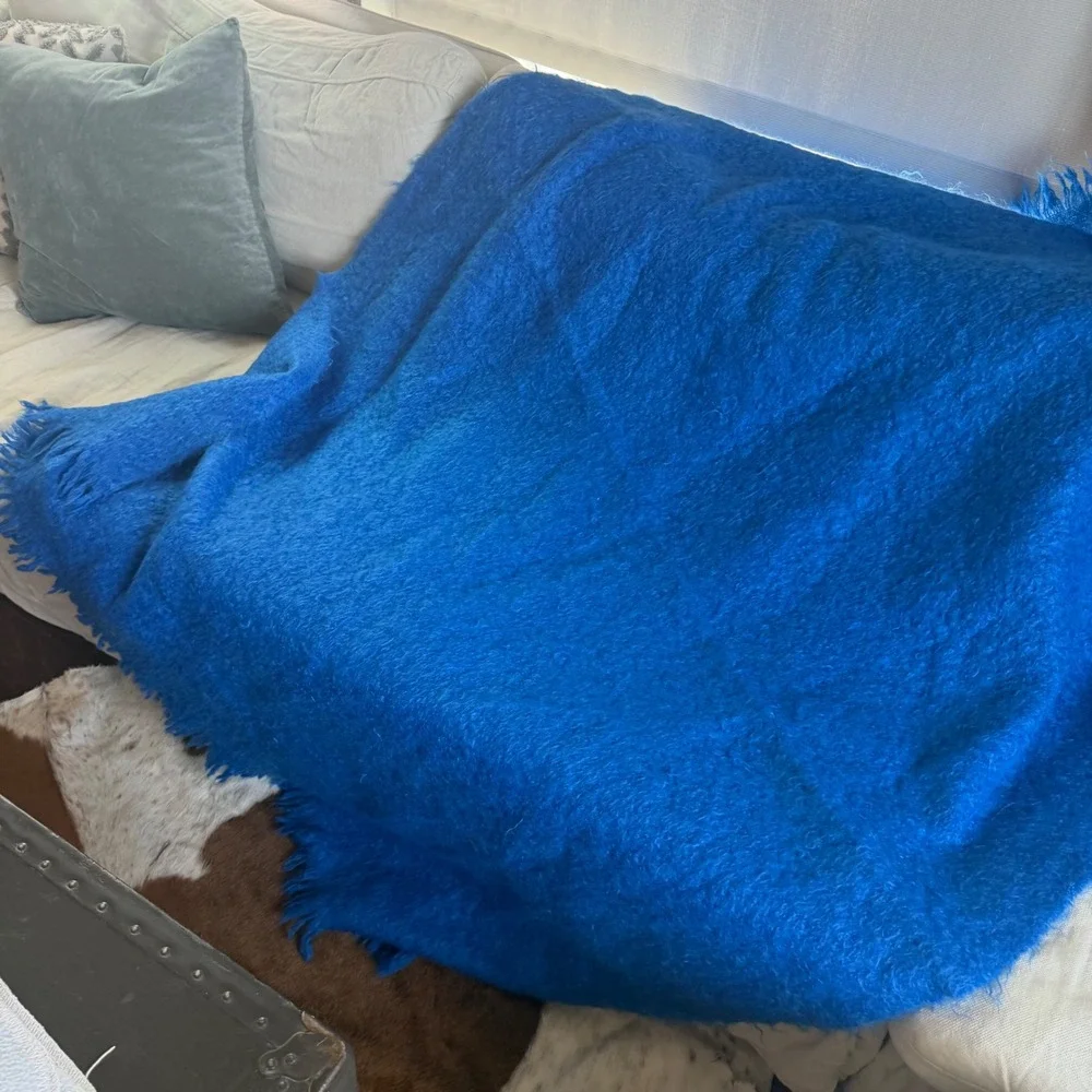South African Mohair Fringe End Blanket in Blue